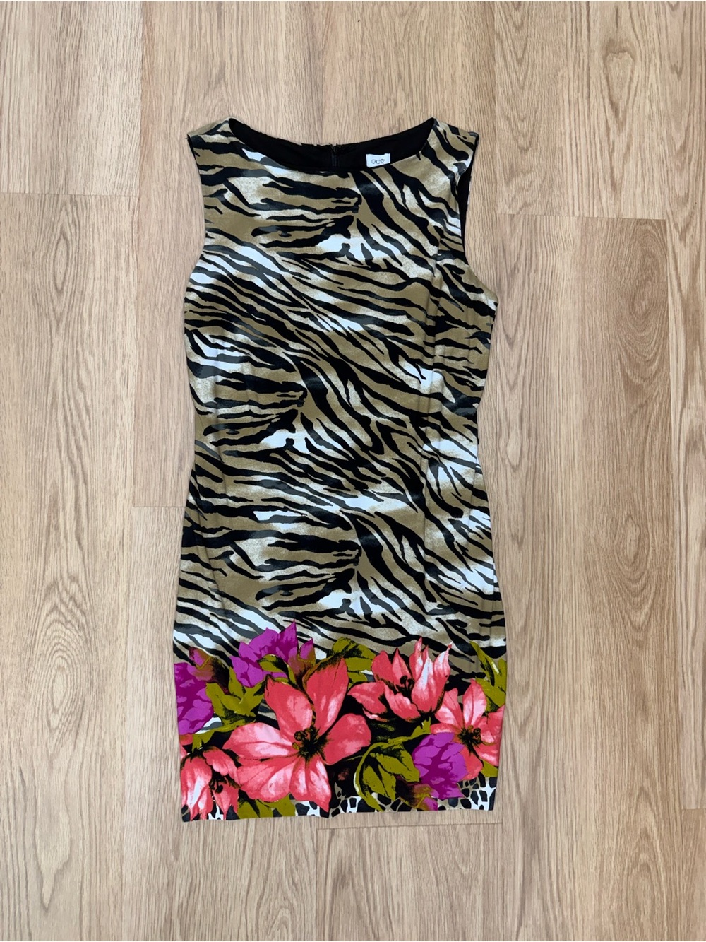 Cache Zebra-Print Mini Dress with Pink & Purple Floral Hem